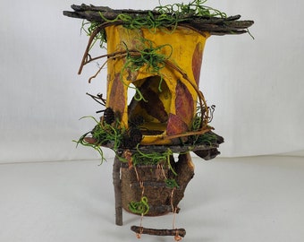 Woodland Fairy House. 8" tall, Autumn colors of gold, wine red & green.  Natural bark, branches and leaves. Unique gift for who nature lover