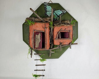 Tree House for Fairies, 10" tall, 3 dimensional natural wall hanging. Colorful Wall Art of Pumpkin, Jade green and Wine red. Twigs & Moss