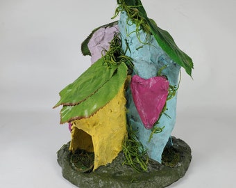 Fairy House, "Triplex" 6" tall, colorful home for 3 fairies, adorned with pink hearts. Whimsical gift for any age, Triplets nursery decor