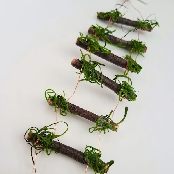 Fairy Twig Ladders, 2 sizes: 8 RUNGS 10" x 2" or 12 RUNGS 13" x 2"  Indoor or outdoor.  Handmade with sealed maple twigs, copper wire & moss