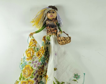 Bendy Hankie Doll 10" Tall with vintage gold floral handkerchief dress. She carries a hand woven basket & wears an acorn hat. Sisters gift