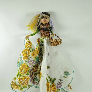 Bendy Hankie Doll 10&quot; Tall with vintage gold floral handkerchief dress. She carries a hand woven basket & wears an acorn hat. Sisters gift