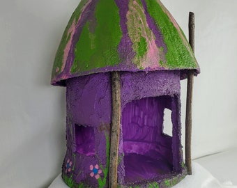 Outdoor Fairy House, 8" tall, Purple, green & pink with hand painted flowers, twig trim home for your fairy garden. Charming gardener gift