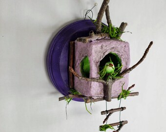 Fairy House Wall Art, 4" tall, Lavender and Lime. Whimsical mini wall hanging of natural twigs, moss, a little bird and a fairy ladder.