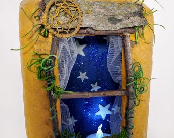 Fairy Window Box, 6" tall, the glow-in-the-dark stars shine for sweet dreams. Adorned with twig trim, moss, tree bark and a Dream Catcher