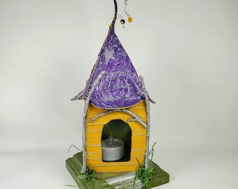 Fairy House, 11" tall, this Wonky Honeycomb, Purple and Silver house has spiral & star decorations. Hand cut siding and twig branches trim