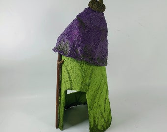 Toad House, 8" tall, Outdoor Fairy Garden decor. Lime green house with purple roof.  Place in shade, open to the ground bottom for toads