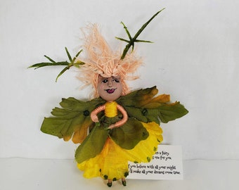 Fairy Bendy Doll, 4" tall, with Yellow dress, crazy Peach colored hair, antlers & elf ears. Tons of personality! Go along Pocket Doll.