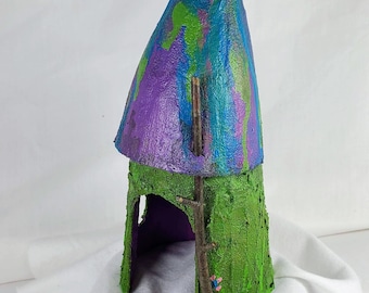 Outdoor Toad House, 8" tall, Green purple blue fairy house with twig trim, Waterproof / weather tested. Perfect for a fairy gardener gift