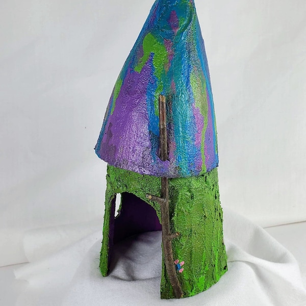 Outdoor Toad House, 8" tall, Green purple blue fairy house with twig trim, Waterproof / weather tested. Perfect for a fairy gardener gift