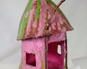 Outdoor Fairy House, 8" tall, Pink, green & orange hand painted flowers, with twig trim, for your fairy garden. Waterproof, Gardener gift