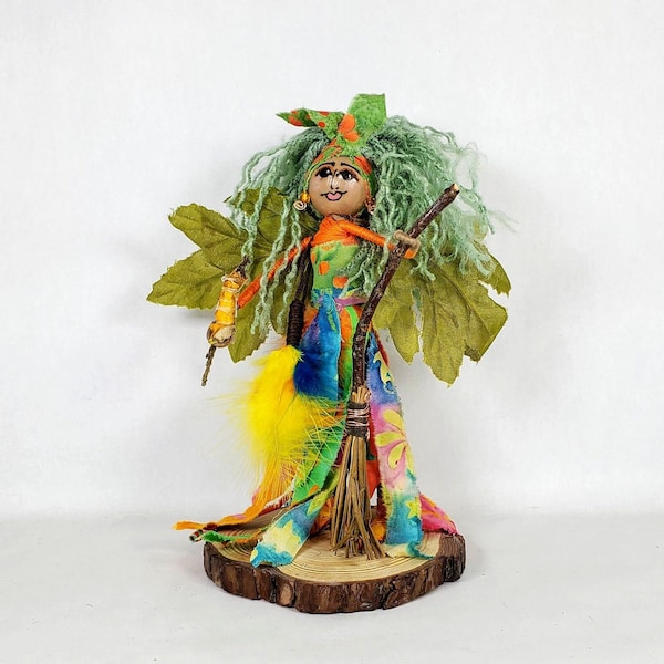 Spiritual Fairy 7" tall, Carries 3 powerful Aura & House cleansing tools: sage stick, feather duster, broom. Rids spirits, stays to protect