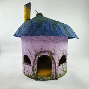 Fairy House, 9" tall, OUTDOORS, Lavender, blue & gold, with pretty hand painted flowers home for your garden. Weatherproof outside decor.