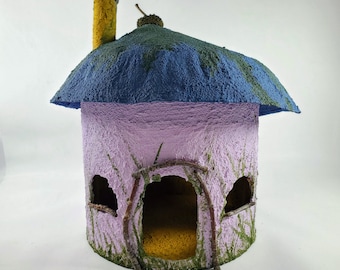 Fairy House, 9" tall, OUTDOORS, Lavender, blue & gold, with pretty hand painted flowers home for your garden. Weatherproof outside decor.