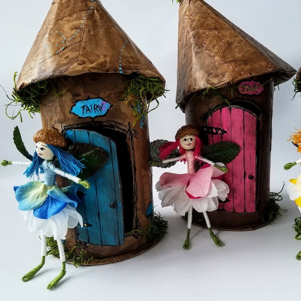 PAIR Fairy Houses, 11" tall, 2 bendy fairy dolls included, whimsical hand painted mushrooms, blue & pink, a perfect gift for sisters