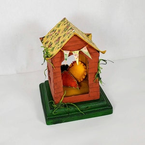 fAIRy B n B, 5&quot; tall, Fairy House, Orange tiny Sleeping Station for the fae folk, where they can rest on a bed of pillows for a night