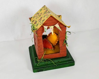 fAIRy B n B, 5" tall, Fairy House, Orange tiny Sleeping Station for the fae folk, where they can rest on a bed of pillows for a night