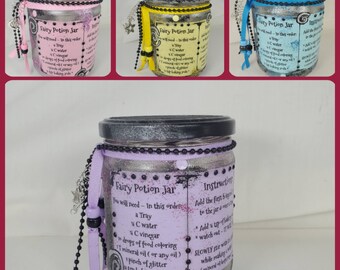 Fairy Potion Jar, 4 x 3", Choose colors Pink, Purple, Blue or Yellow. Includes secret recipe, stir stick & glitter. Kids who love magic gift