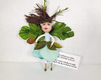Aqua Flower Fairy, 4" tall, Pose-able Bendy Doll with elf ears antlers. Loads of personality!  Go along Pocket Doll. Plays in a dollhouse