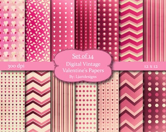 Valentine's Papers, Vintage, Valentine's Day, Scrapbooking,  Supplies, Crafts,  Hearts, Chevron, Polka Dot, Digital, Pink, Red, Love