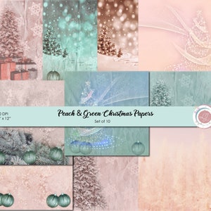 Peach and Green Christmas Papers, Scrapbooking, Background, Craft Supplies, Trees, Snowflakes, Ornaments, Crafting, Holiday, Digital image 1