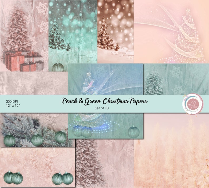 Peach and Green Christmas Papers, Scrapbooking, Background, Craft Supplies, Trees, Snowflakes, Ornaments, Crafting, Holiday, Digital image 1