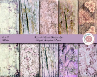 Digital Wood Textured Floral Shabby Chic Papers, Scrapbooking, Crafts, Patterned, Wedding Papers,Instant Download, Lavendar, Peach