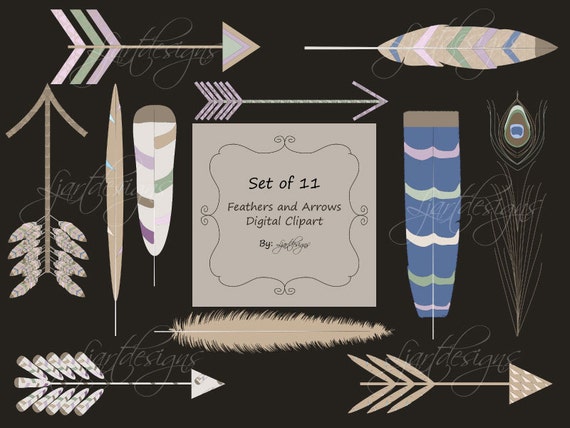 Feathers and Arrows Digital Clipart, Tribal, Patterned, Hand Drawn, Scrapbook Elements, Craft Supplies, Il_570xn