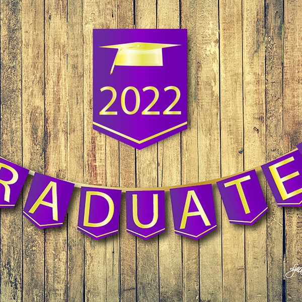 Purple and Gold Digital Graduation Bunting Flags, Graduate Banner, Cap,Scrapbooking, Supplies, Crafts, Clipart, Grad Party