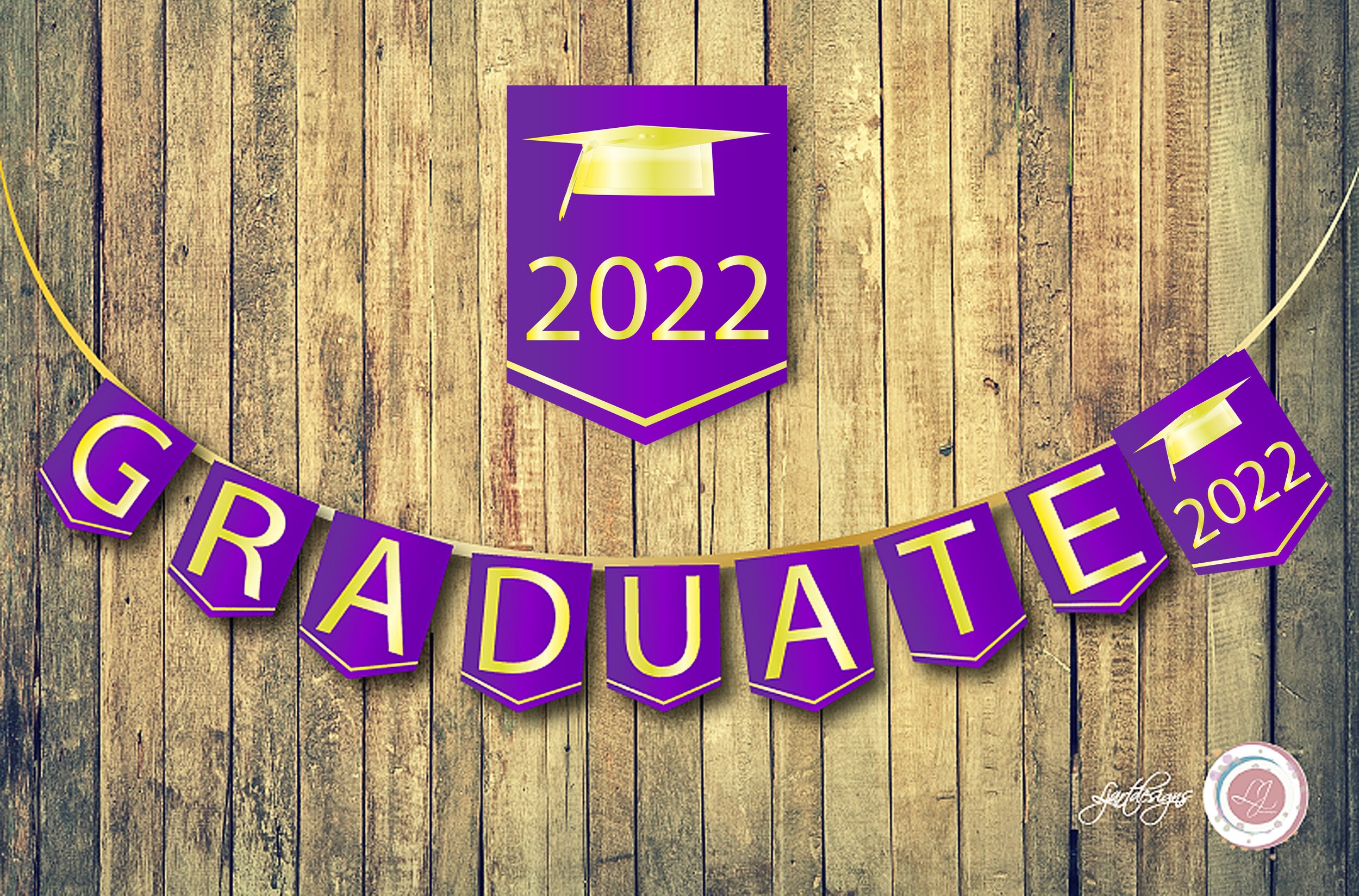 Purple and Gold Digital Graduation Bunting Flags, Graduate Banner, Cap