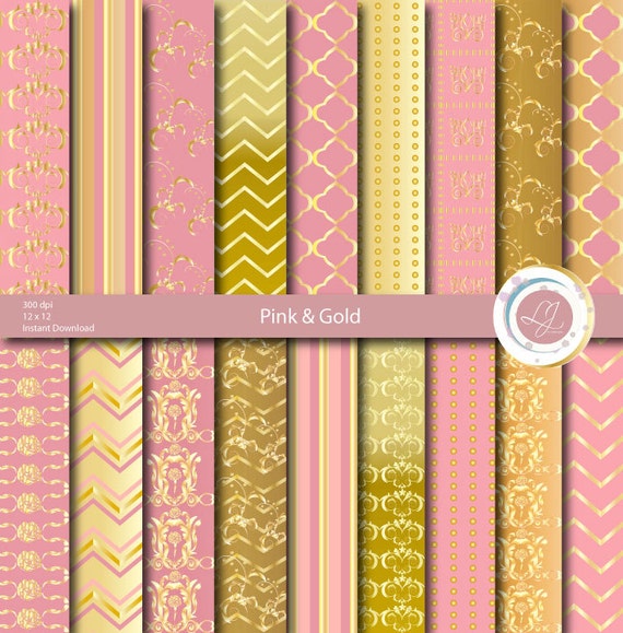 Pink Digital Paper:  Pink and Gold with pink background, pink scrapbook  paper, pink printable, pink and gold patterns with damask, chevron