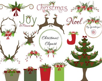 Christmas Clipart,Antlers, Floral, Deer, Christmas Tree,Scrapbooking, Crafts, Clip Art, Holiday Clipart, Woodland, Reindeer, Digital Clipart