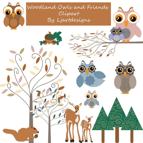 Sale 50% Off, Woodland Owls and Friends Clipart, woodland Clipart, Crafting, Scrapbook Supplies, animal, Trees, Deer, Owls, Acorns, Chipmunk Il_570xn