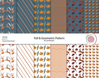 Fall Geometric Digital Scrapbook Papers, Autumn, leaves, Chevron, Deer, Orange, Blue, and Brown, Scrapbooking, Crafts. Printable