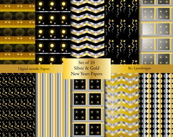 Digital Foil New Years Papers, Scrapbooking, Crafts, Supplies, Gold, Black & Silver, Streamers, Stars, Chevron, Fireworks, Polka Dot