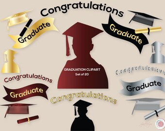 Graduation Clipart, Graduate, Foil, Gold, Silver, Maroon, Black, Crafts, Party Supplies, Cap, Scroll. Silhouette, Cards, Invitations