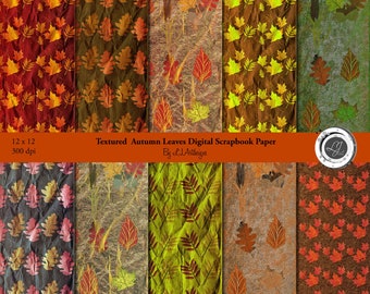 Textured Autumn Leaves, Digital Scrapbooking Papers, Crafts, Fall, Craft Supplies, Orange, Green, Red, Leaves, Instant Download