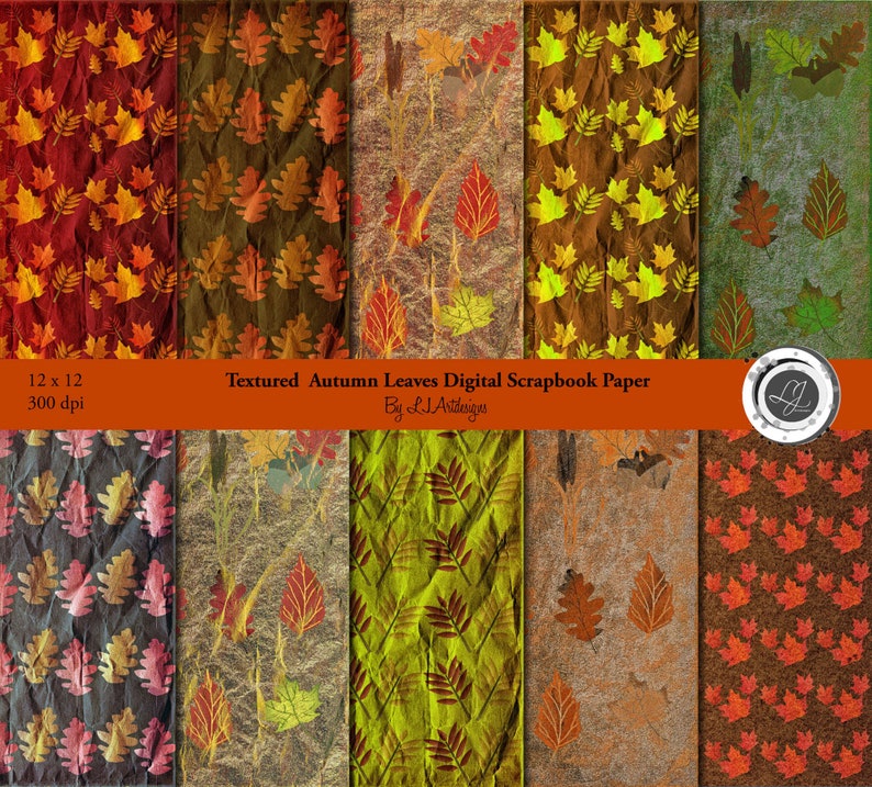Textured Autumn Leaves, Digital Scrapbooking Papers, Crafts, Fall, Craft Supplies, Orange, Green, Red, Leaves, Instant Download image 1