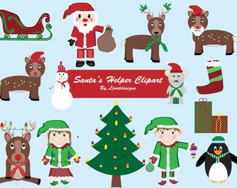 Santa's Helpers Clipart, Christmas Clipart, Elves, Reindeer, Mouse, Penguin, Scrapbooking, Crafts, Clip Art, Santa, Digital, Printable