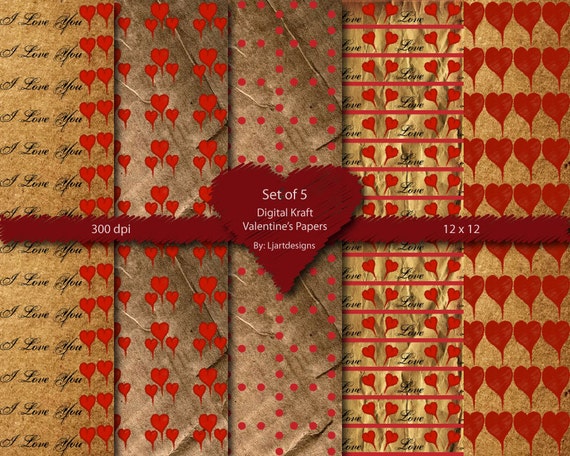Valentine's Digital, Kraft Paper, Scrabooking, Crafts, Textured, hearts, Love, Scribble, Instant Download, Red, Patterned, Printable Il_570xn