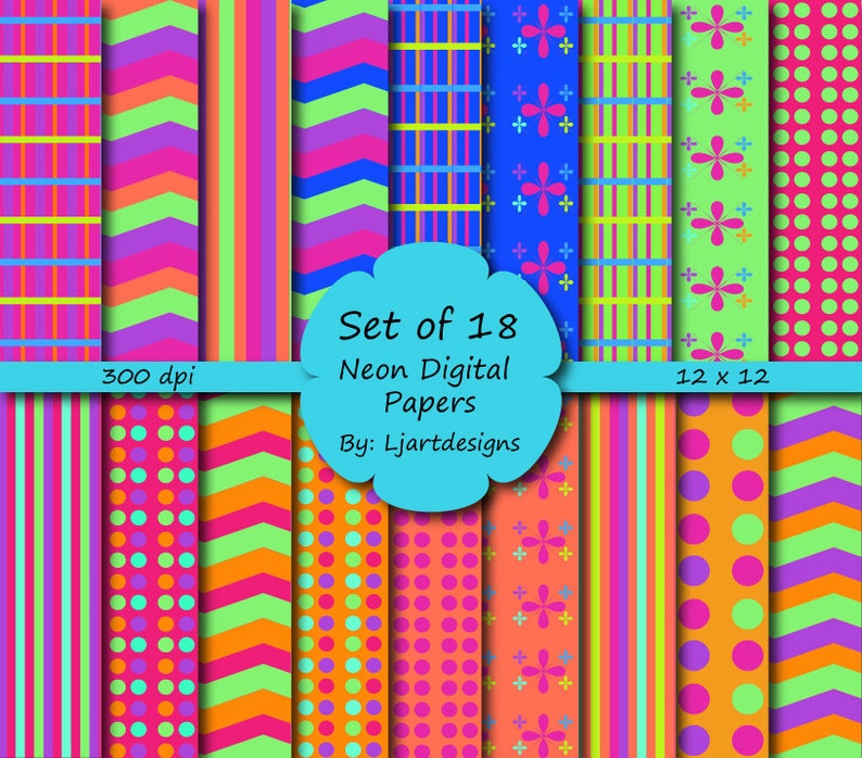 Neon Digital Papers, Scrapbooking Papers, Crafts, Supply, Bright
