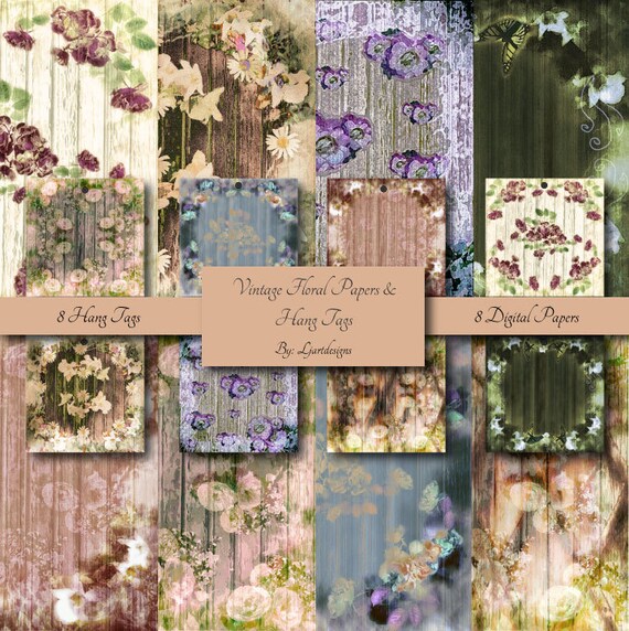 Sale, Digital vintage Floral Papers & Matching Hang Tags, Scrapbooking Papers, Craft Supplies, Cottage Chic, Shabby Chic, Instant Download Il_570xn