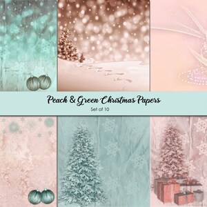 Peach and Green Christmas Papers, Scrapbooking, Background, Craft Supplies, Trees, Snowflakes, Ornaments, Crafting, Holiday, Digital image 2