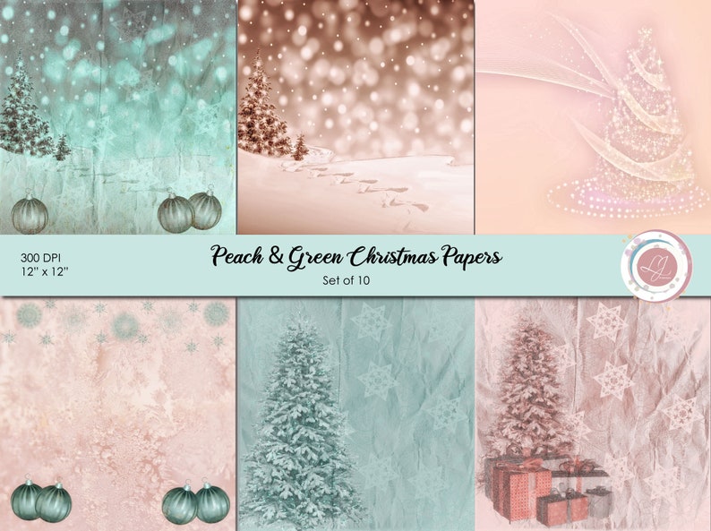 Peach and Green Christmas Papers, Scrapbooking, Background, Craft Supplies, Trees, Snowflakes, Ornaments, Crafting, Holiday, Digital image 2