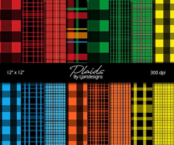 Plaid Patterned Scrapbooking Papers, Crafts, Craft Supplies, Blue, Green, Orange, Red, Yellow, Digital, Printable, Buffalo Plaid Il_570xn