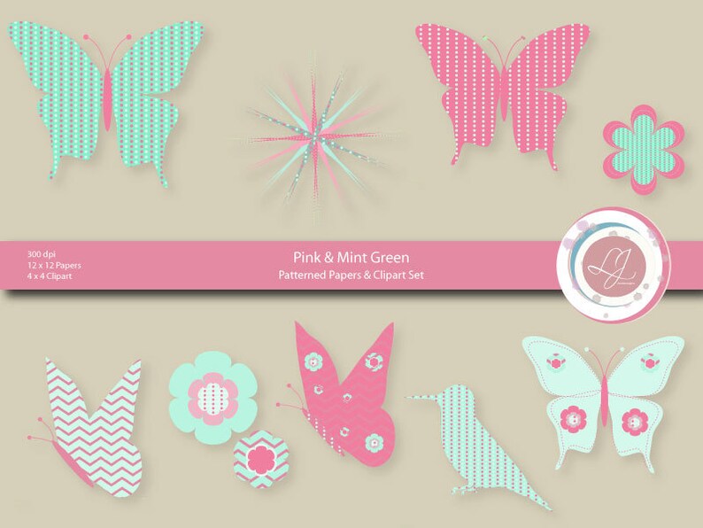 Sale, Butterfly Clipart, Mint Green, Pink Digital Clip Art, Scrapbook ...
