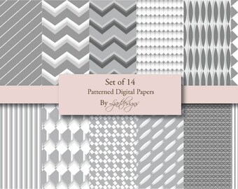 Digital Gray Patterned Papers, Scrapbooking Papers, Crafts, Striped, Chevron, Geometric, Instant Download, Silver, Patterned, Printable