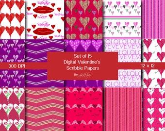 Sale, Digital Valentine's Papers, Scribble Papers, Scrapbook Supplies, Craft Supplies, Hearts, Chevron, Love, Patterned, Digital Download