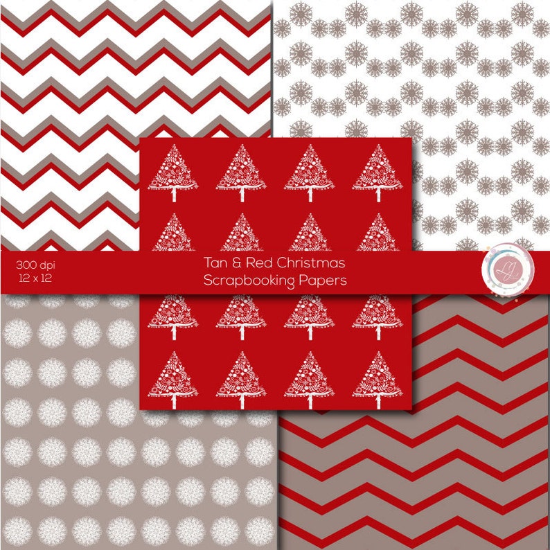 Christmas Scrapbooking Papers, Red and Taupe, Patterned, Reindeer, Christmas Trees, Snowflakes, Chevron, Crafts, Polka Dot, Digital image 3