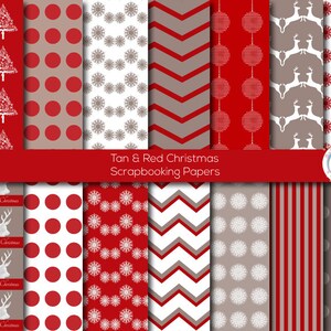 Christmas Scrapbooking Papers, Red and Taupe, Patterned, Reindeer, Christmas Trees, Snowflakes, Chevron, Crafts, Polka Dot, Digital image 1